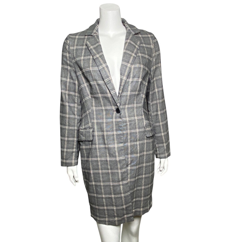 Adrianna Papell Short Trench Coat Jacket Blazer Womens Size M Plaid 1 Button